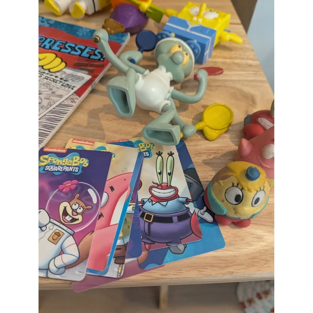 SpongeBob SquarePants Toy Lot -Figures Squidward Mr Krabs Book and Cards Bundle